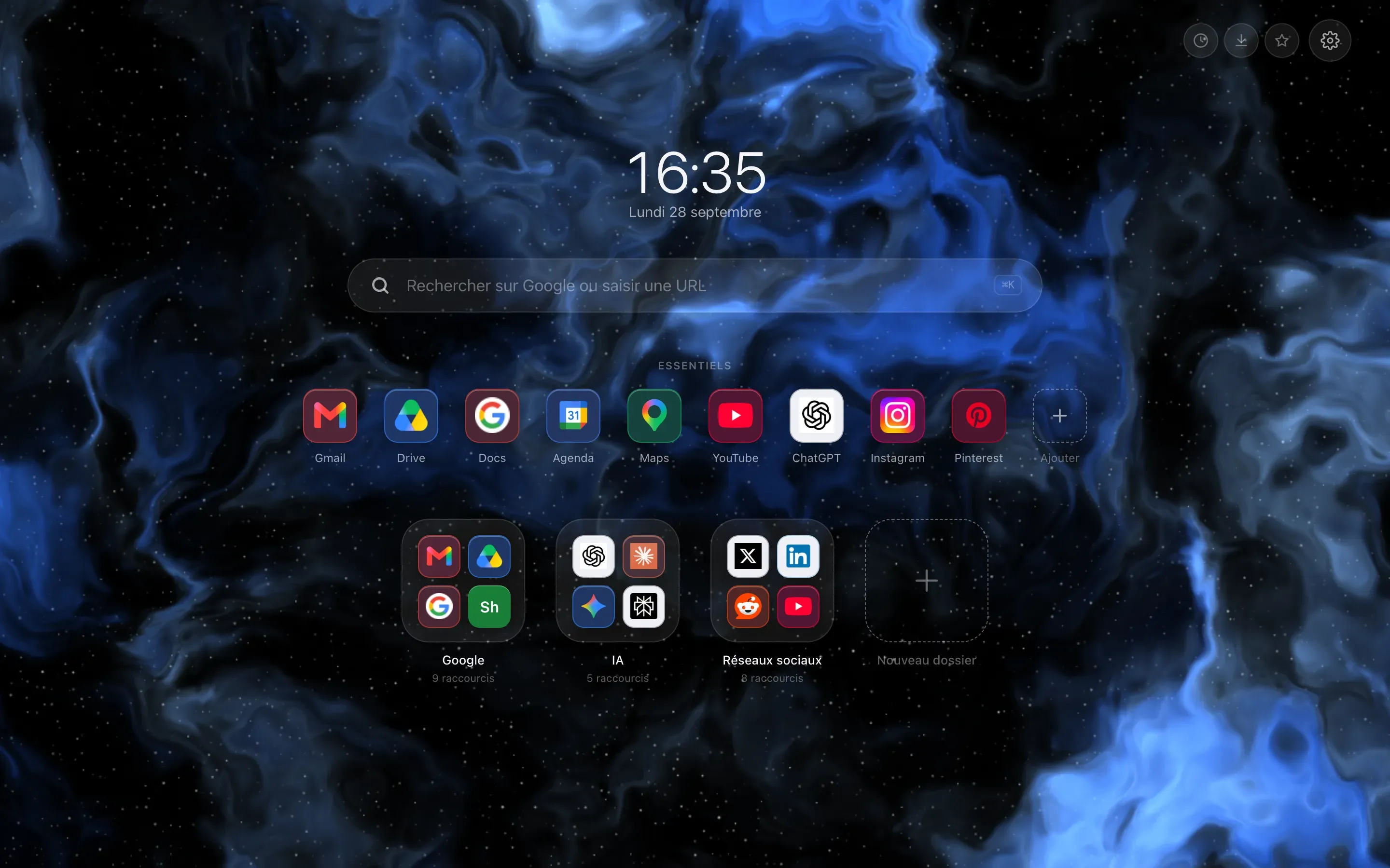 The Chrome new tab page replaced by Hoome: clock and date in the middle, a search bar, a row of pinned shortcuts, then six folder tiles on a blue gradient background.