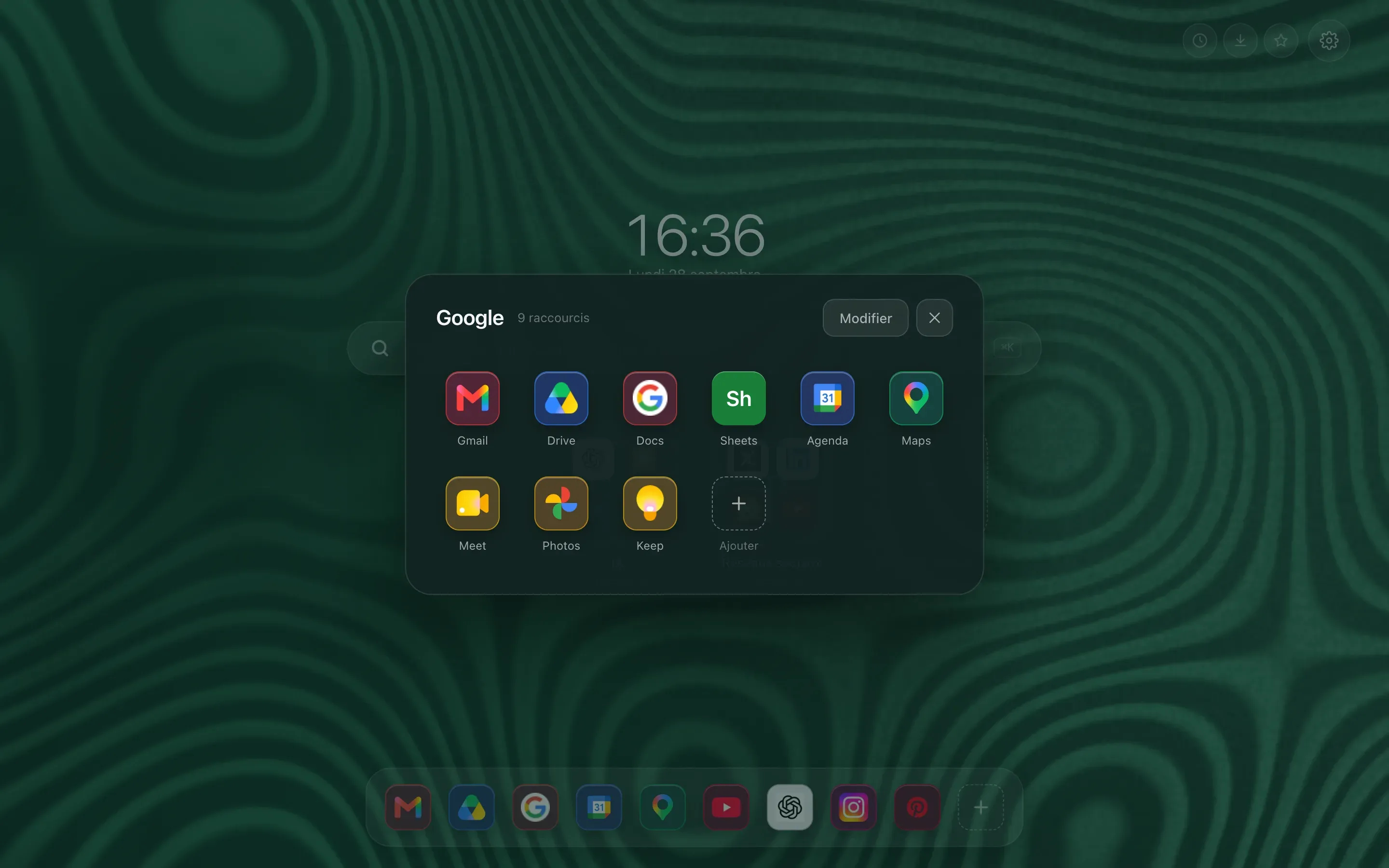A folder zoomed open above the page: the full grid of its shortcuts, with the folder name and the rest of the page dimmed behind.