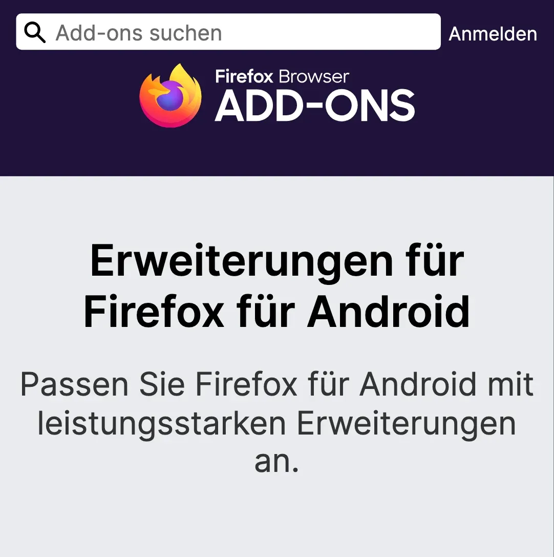 Der Katalog der Erweiterungen für Firefox für Android, auf der Add-on-Website von Mozilla auf dem Smartphone: „Passen Sie Firefox für Android mit leistungsstarken Erweiterungen an“.