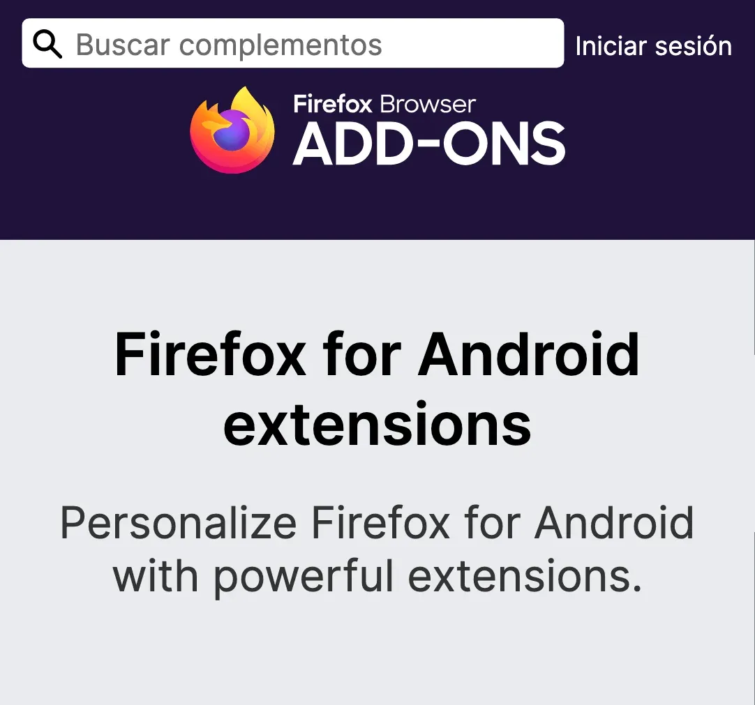 El catálogo de extensiones de Firefox para Android, en la web de complementos de Mozilla abierta en un móvil, que muestra este título en inglés en su versión española.