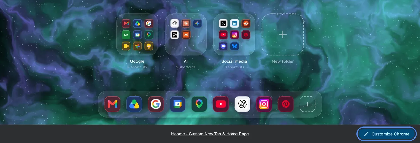 The bottom of the Hoome new tab in Chrome: under the Dock, the grey bar Chrome adds, with the extension’s name in the middle and the Customize Chrome button, circled, on the right.