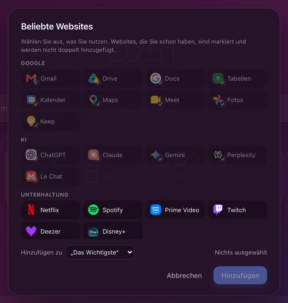 Der Katalog der beliebten Websites: die Gruppen Google, KI und Unterhaltung, bereits vorhandene Websites markiert, und unten die Wahl des Ziels, hier „Das Wichtigste“.