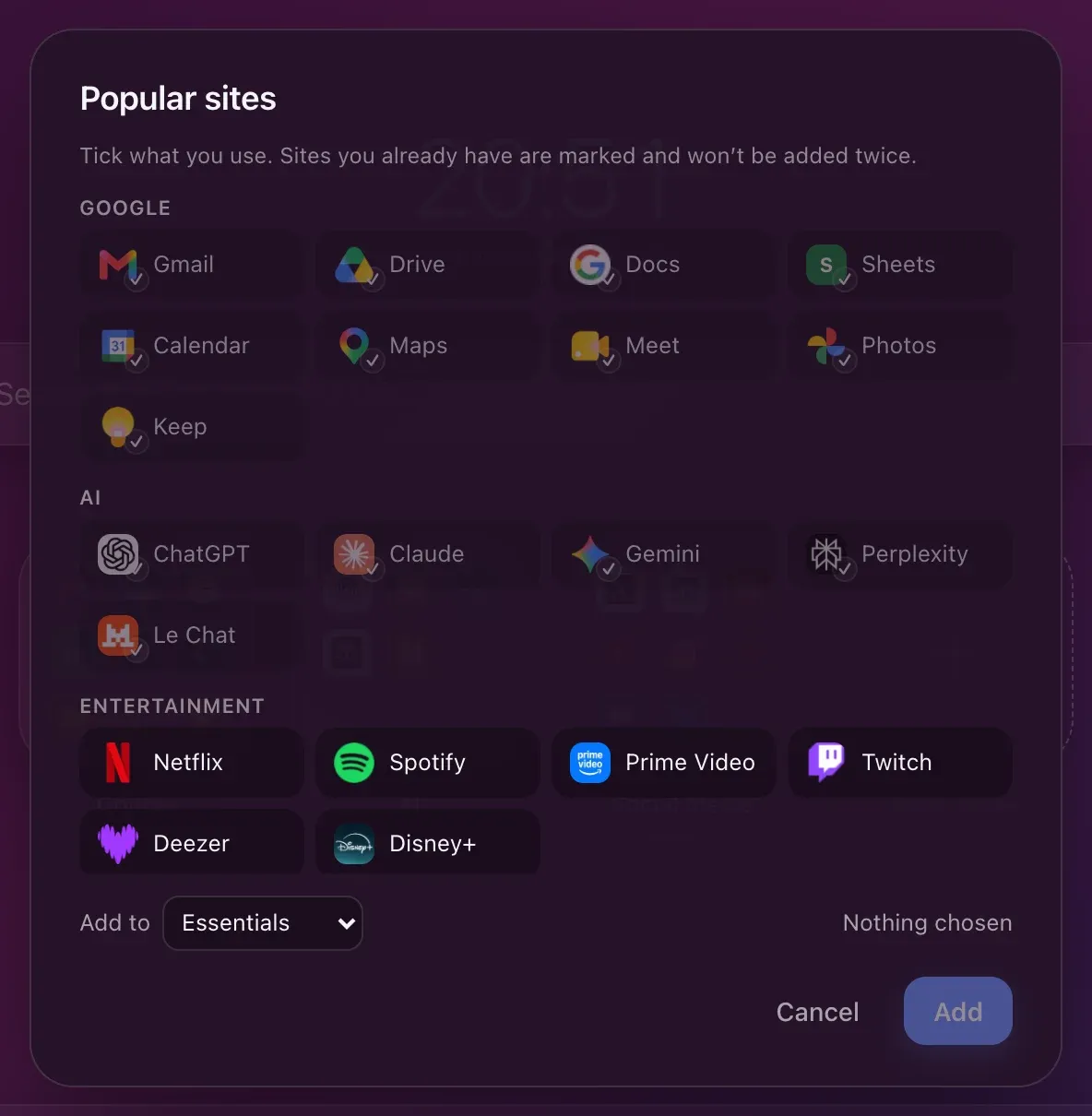The popular sites catalogue: the Google, AI and Entertainment families, sites already there marked, and at the bottom the choice of destination, here the Essentials.