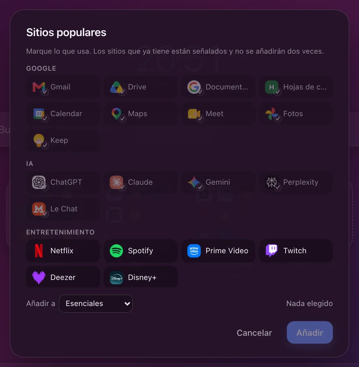 El catálogo de sitios populares: las familias Google, IA y Entretenimiento, los sitios que ya tiene señalados y, abajo, el destino elegido, aquí Esenciales.