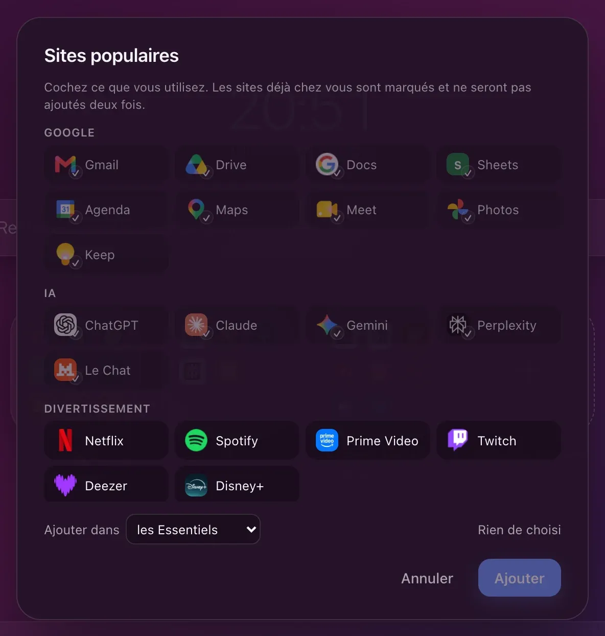 Le catalogue des sites populaires : les familles Google, IA et Divertissement, les sites déjà présents marqués, et en bas le choix de la destination, ici les Essentiels.