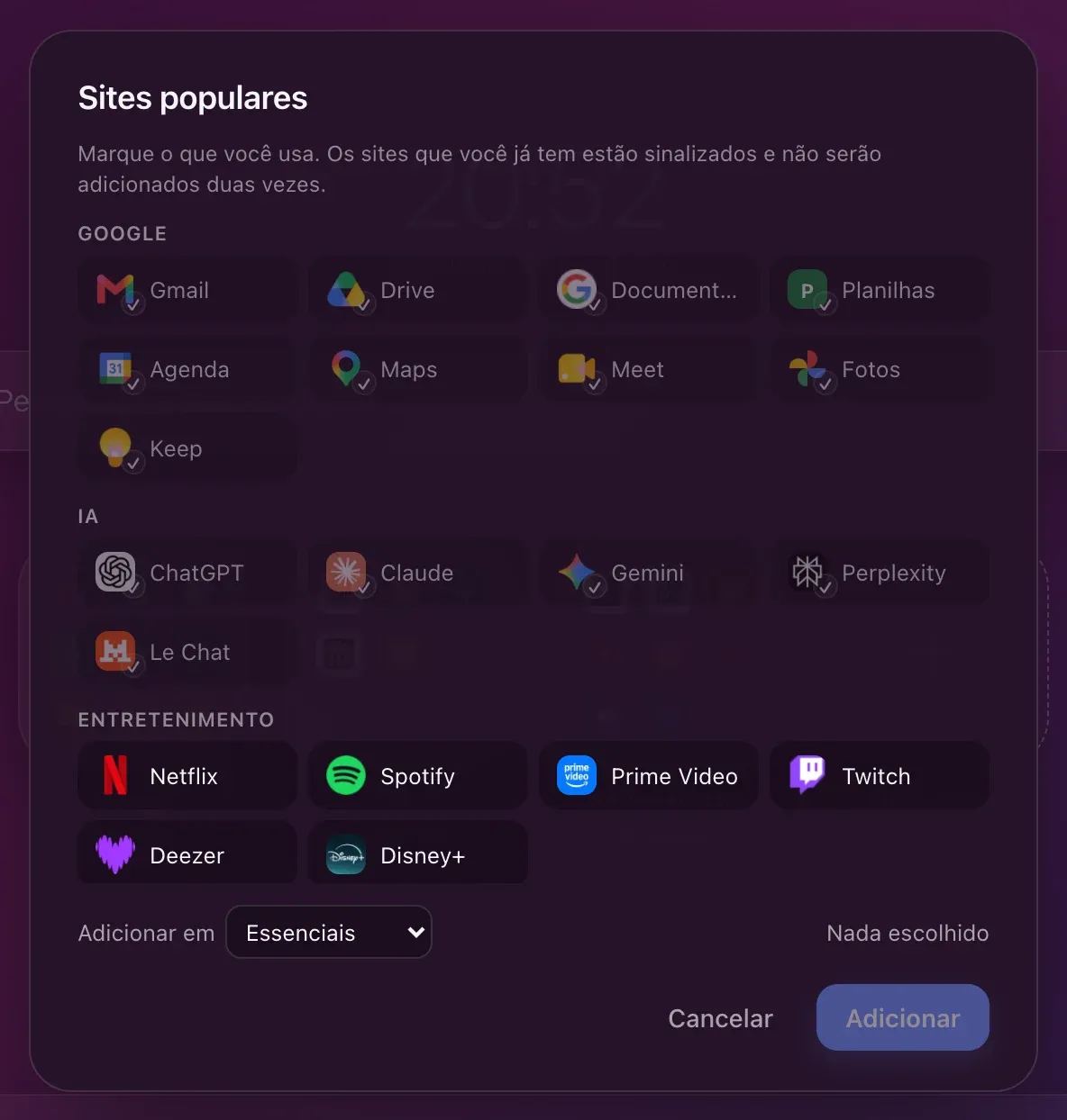 O catálogo de sites populares: as famílias Google, IA e Entretenimento, os sites que você já tem marcados e, embaixo, o destino escolhido, aqui os Essenciais.