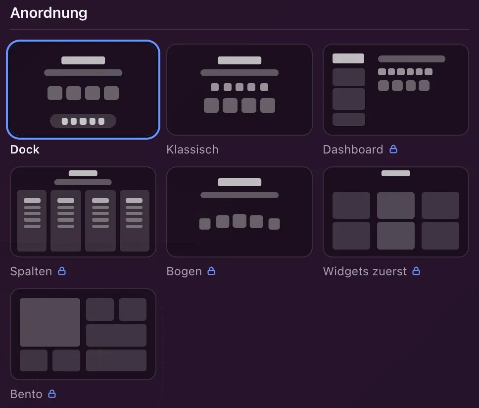 Einstellungen, Abschnitt Oberfläche: die sieben Anordnungen als Vorschau, das Dock ausgewählt, ein Schloss an den fünf Premium-Anordnungen.
