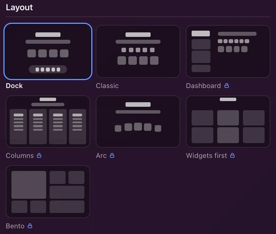 Settings, Interface section: the seven layouts as thumbnails, the Dock selected, and a padlock on the five Premium layouts.