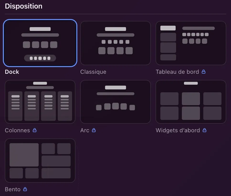 Réglages, section Interface : les sept dispositions en vignettes, le Dock choisi, et un cadenas sur les cinq dispositions Premium.