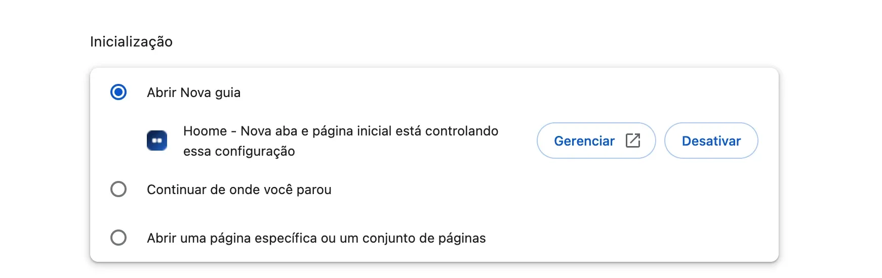 As configurações do Chrome, seção “Inicialização”: abaixo de “Abrir Nova guia”, o aviso “Hoome - Nova aba e página inicial está controlando essa configuração”, com os botões “Gerenciar” e “Desativar”.