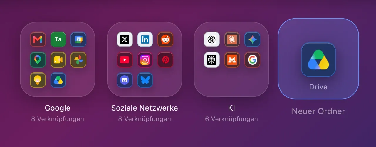 Die Verknüpfung Drive über der Kachel Neuer Ordner, die aufleuchtet: Beim Loslassen fragt Hoome nach dem Namen des Ordners.