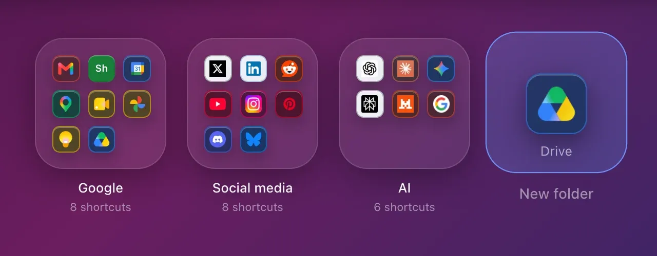 The Drive shortcut held over the New folder tile, which lights up: let go, and Hoome asks for the folder’s name.
