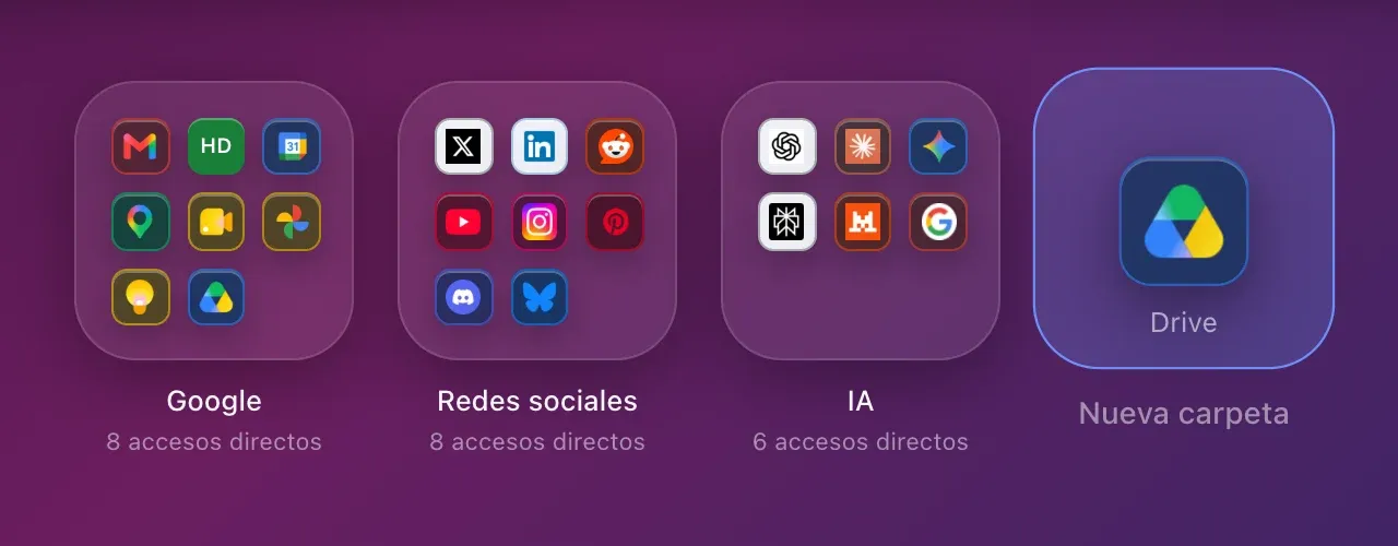 El acceso directo Drive sobre el mosaico Nueva carpeta, que se ilumina: al soltarlo, Hoome pide el nombre de la carpeta.