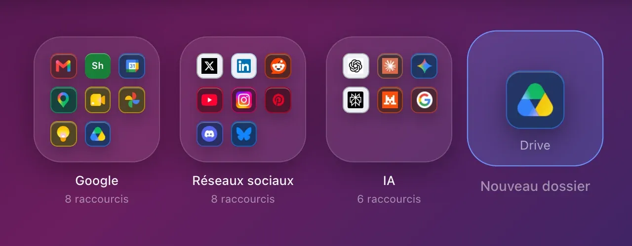Le raccourci Drive tenu au-dessus de la tuile Nouveau dossier, qui s’éclaire : en le lâchant, Hoome demande le nom du dossier.