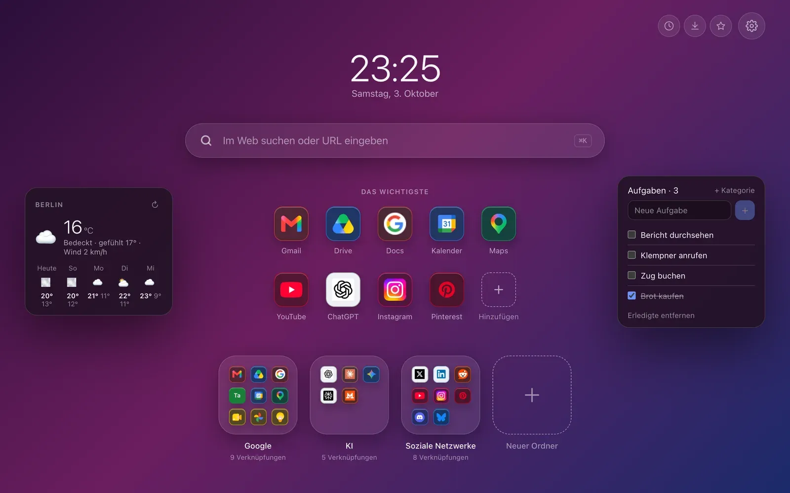Der neue Tab von Hoome in der Anordnung Klassisch: Uhr, Suche, „Das Wichtigste“ und drei Ordner in der Mitte, das Wetter links und eine Aufgabenliste rechts.