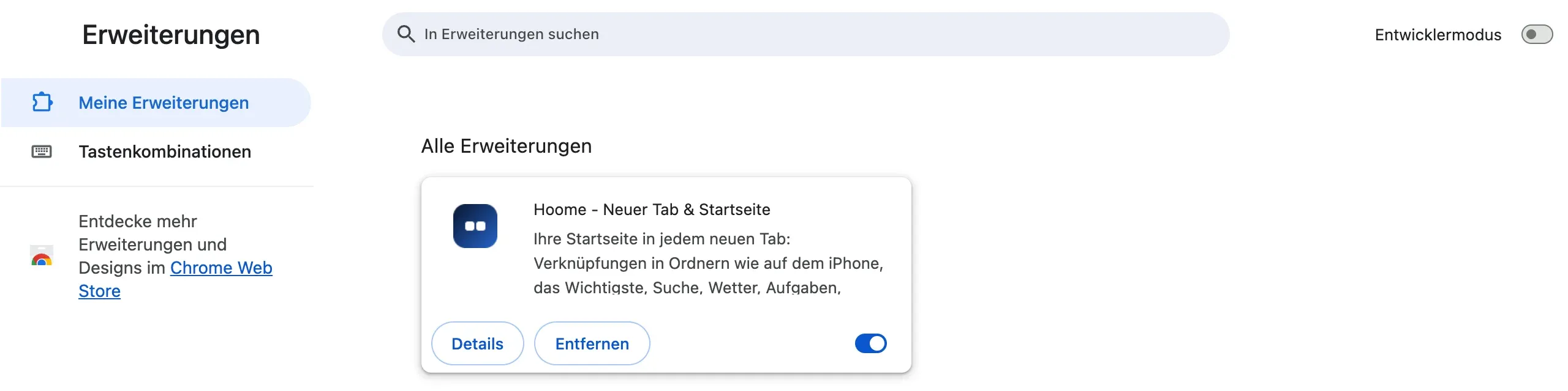 Die Chrome-Seite „Erweiterungen“: der Abschnitt „Alle Erweiterungen“ mit der Karte von Hoome, ihren Schaltflächen „Details“ und „Entfernen“ und ihrem Schalter, links der Link „Tastenkombinationen“ und oben rechts der Schalter „Entwicklermodus“.