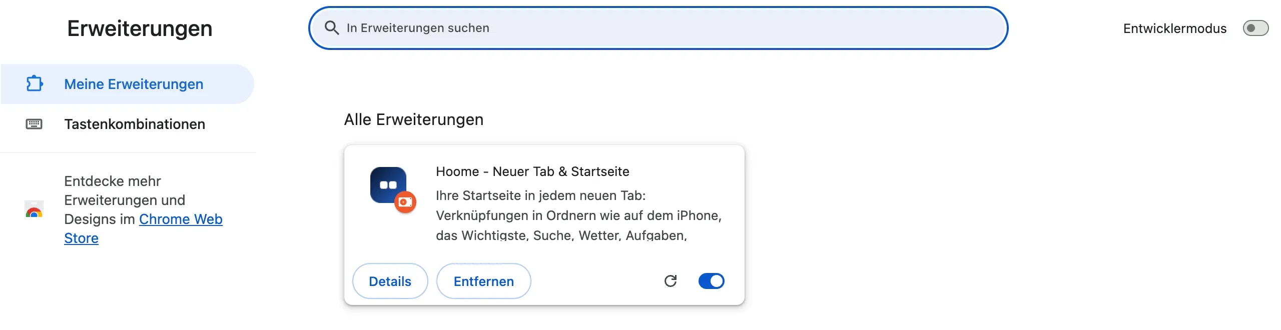 Die Seite chrome://extensions: die Liste der installierten Erweiterungen, hier Hoome mit ihren Schaltflächen und ihrem Schalter, oben die Suche und rechts der Entwicklermodus.