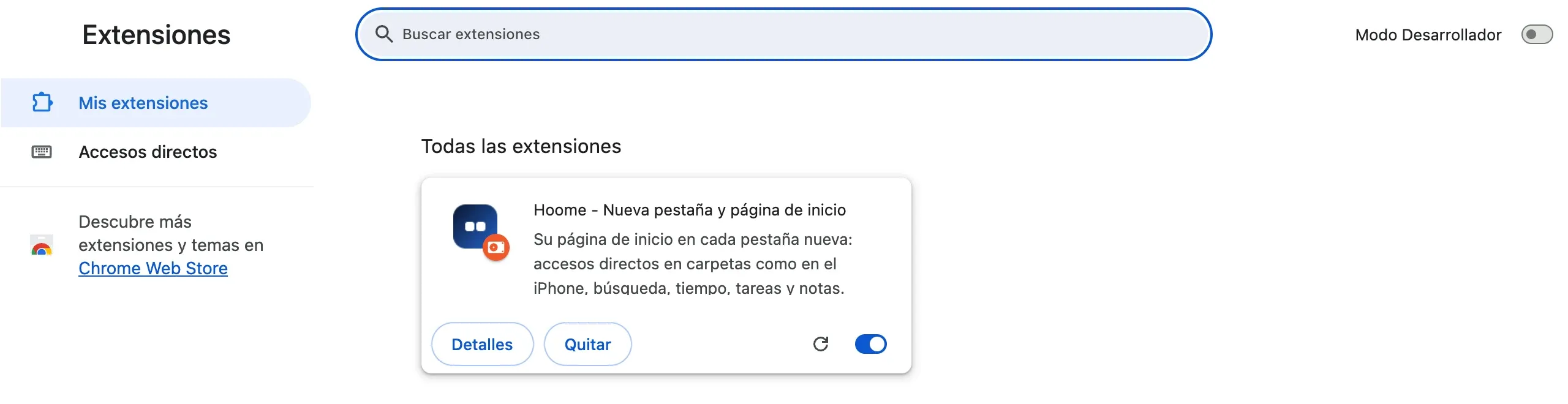 La página chrome://extensions: la lista de extensiones instaladas, aquí Hoome con sus botones y su interruptor, la búsqueda arriba y el modo de desarrollador a la derecha.