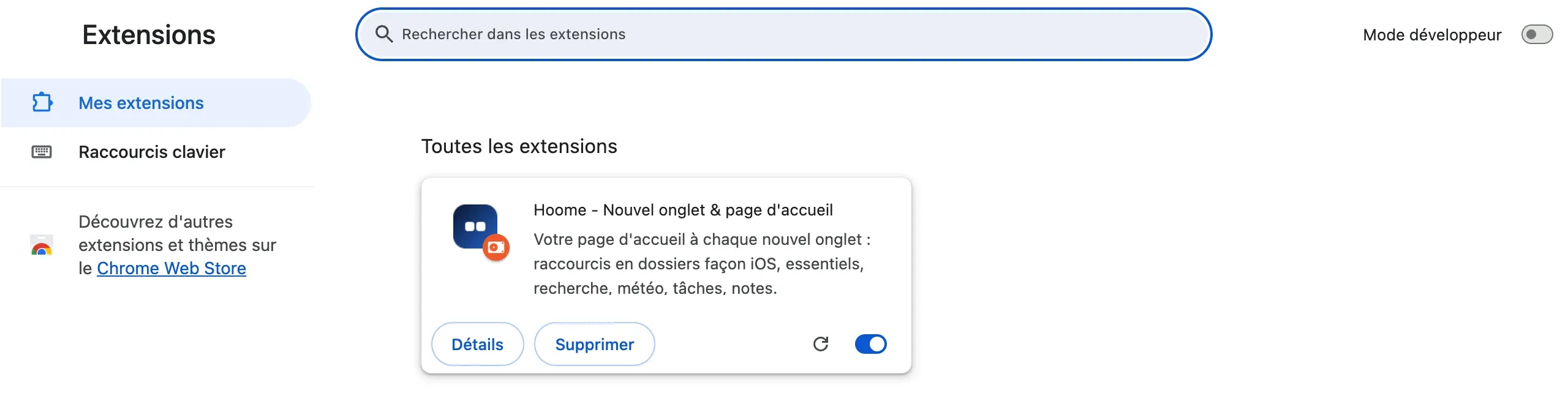 La page chrome://extensions : la liste des extensions installées, ici Hoome avec ses boutons Détails et Supprimer et son interrupteur, la recherche en haut et le mode développeur à droite.