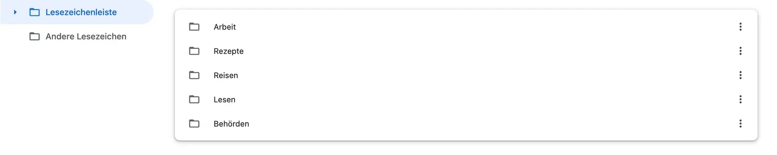 Der Lesezeichen-Manager von Chrome unter chrome://bookmarks: die Ordner der Lesezeichenleiste als Liste.