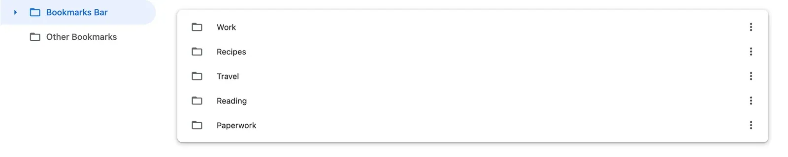 Chrome’s bookmark manager, at chrome://bookmarks: the folders of the bookmarks bar, as a list.