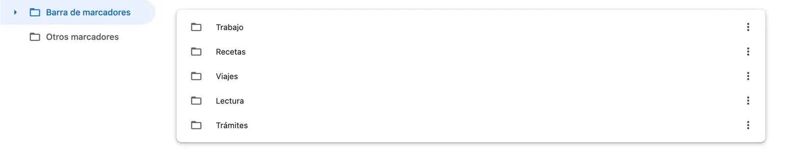 El administrador de marcadores de Chrome, en chrome://bookmarks: las carpetas de la barra de marcadores, en una lista.