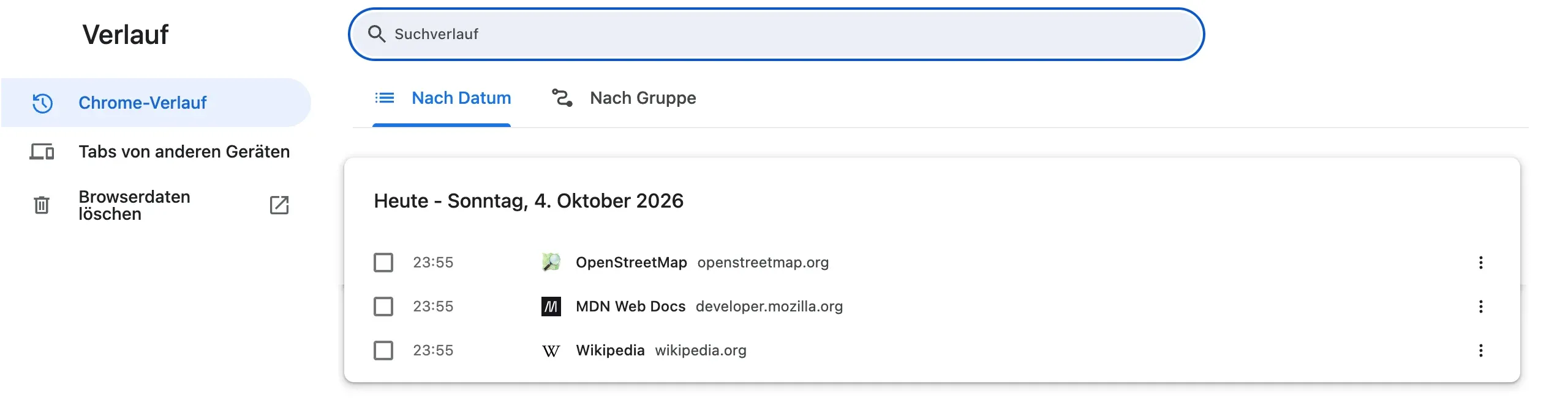 Die Seite „Verlauf“ von Chrome: das Suchfeld „Suchverlauf“, die Reiter „Nach Datum“ und „Nach Gruppe“, links der Abschnitt „Tabs von anderen Geräten“, und die heute besuchten Seiten mit ihrer Uhrzeit.