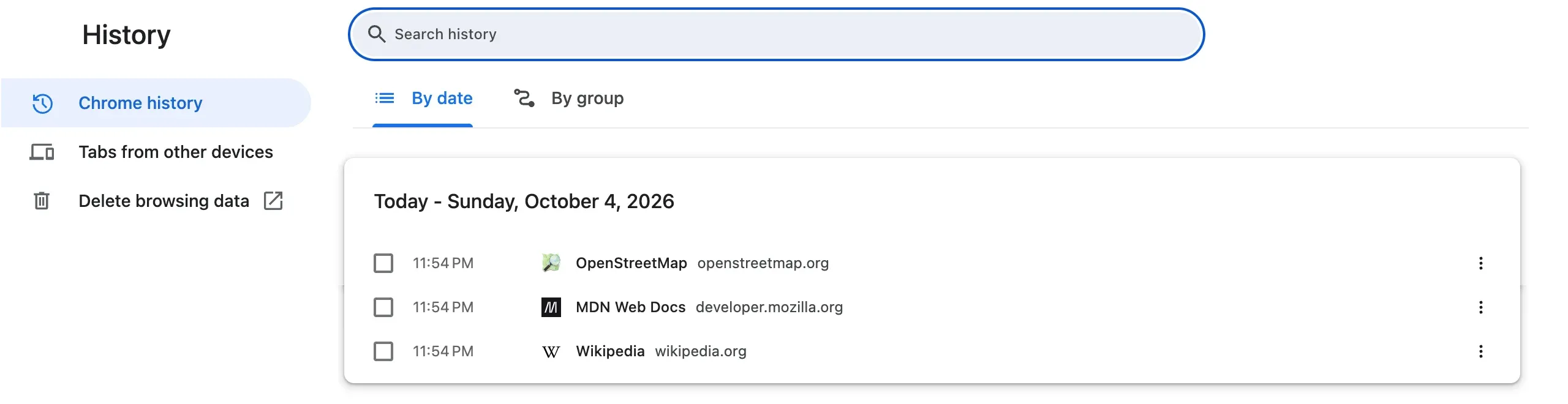 Chrome’s History page: the “Search history” field, the “By date” and “By group” tabs, the “Tabs from other devices” section on the left, and the pages visited today with their time.