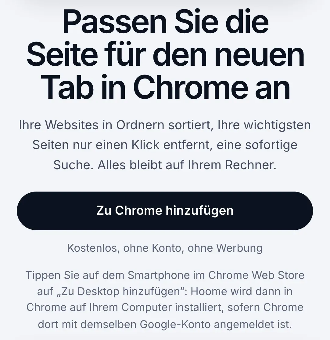Die Website von Hoome auf dem Smartphone: der Titel, die Schaltfläche Zu Chrome hinzufügen und der Hinweis, im Chrome Web Store auf Zu Desktop hinzufügen zu tippen, um Hoome in Chrome auf dem Computer zu installieren.