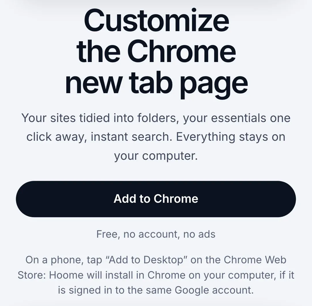 The Hoome website open on a phone: the headline, the Add to Chrome button, and the note explaining that you tap Add to Desktop on the Chrome Web Store to install Hoome in Chrome on your computer.