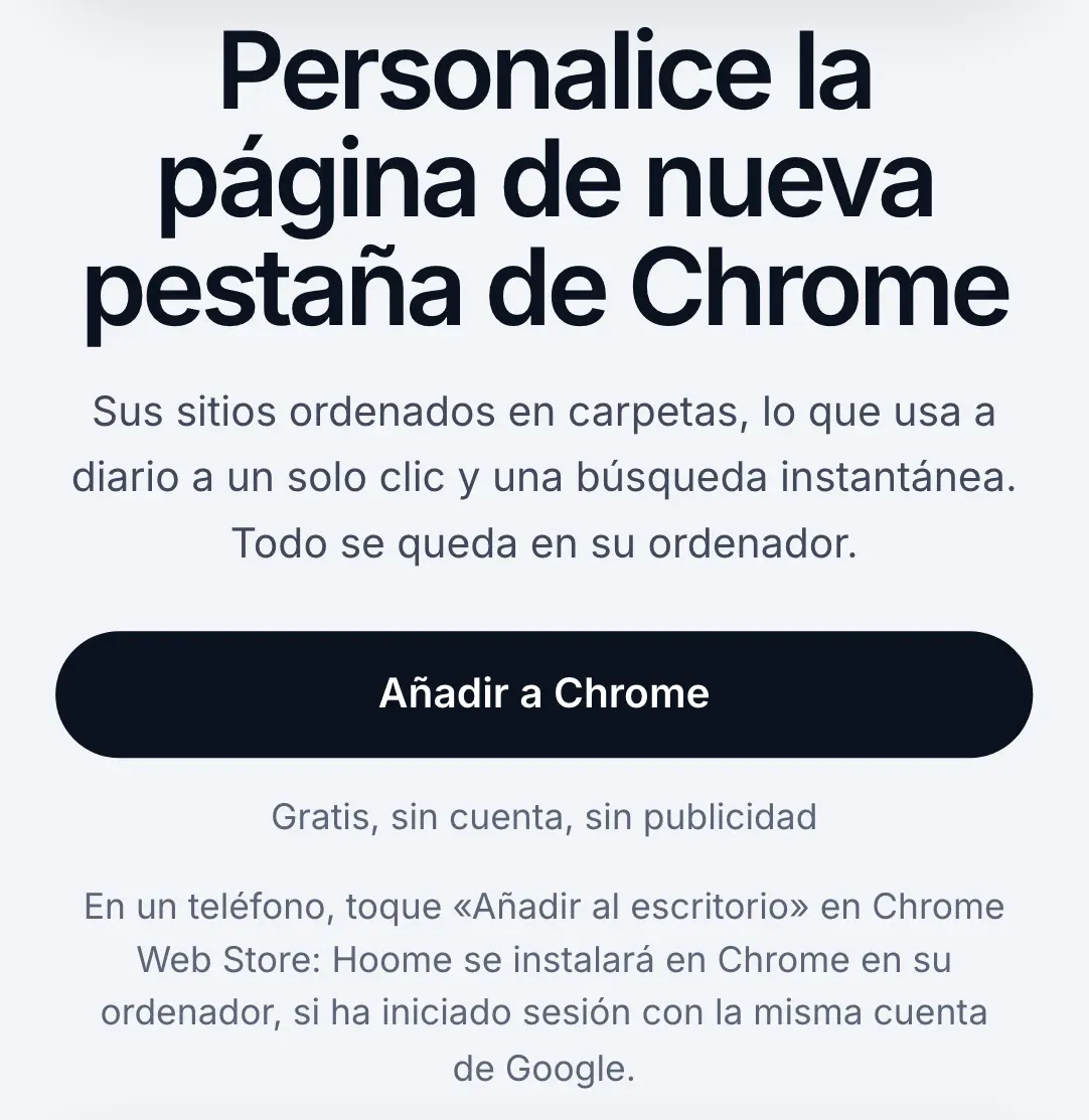 La web de Hoome abierta en un móvil: el título, el botón Añadir a Chrome y la nota que explica que hay que tocar Añadir al escritorio en Chrome Web Store para instalar Hoome en el Chrome del ordenador.