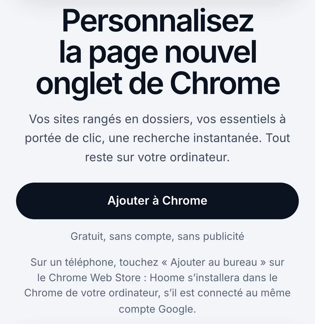 Le site de Hoome ouvert sur un téléphone : le titre, le bouton Ajouter à Chrome, et la note qui explique qu’il faut toucher Ajouter au bureau sur le Chrome Web Store pour installer Hoome dans le Chrome de son ordinateur.