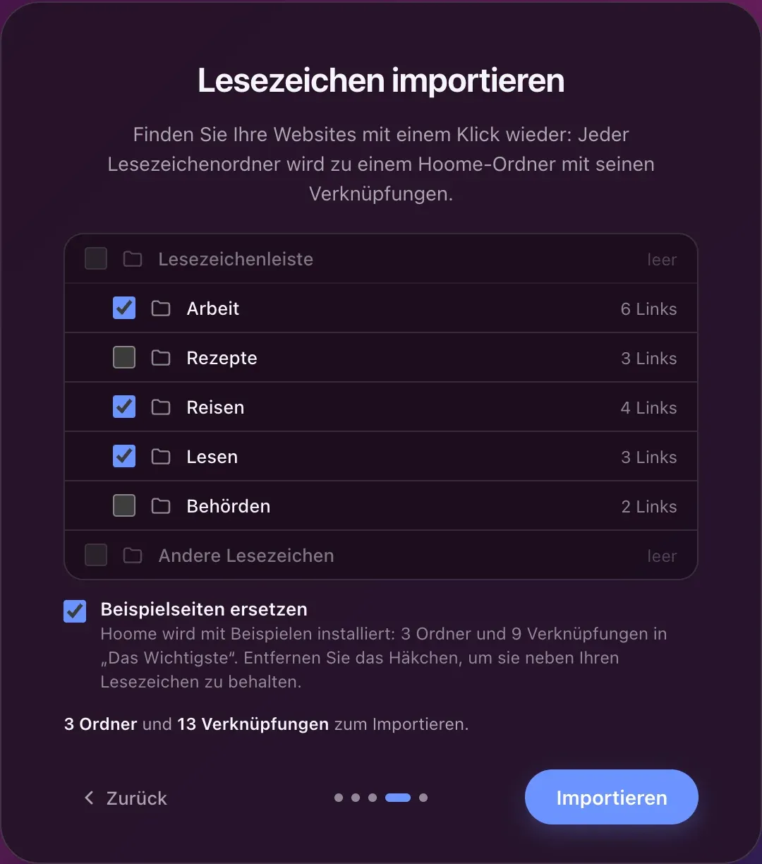 Der Import der Lesezeichen beim ersten Start: die Ordner der Lesezeichenleiste von Chrome, jeder mit seiner Anzahl an Links, drei davon angehakt, um Hoome-Ordner zu werden.
