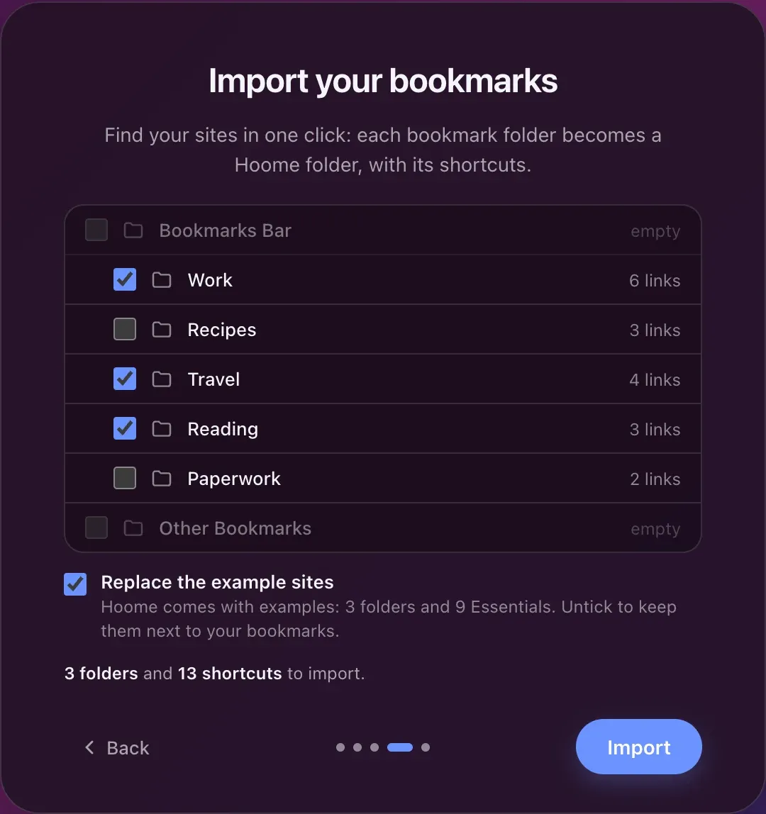 Importing bookmarks on first launch: the folders of Chrome’s bookmarks bar, each with its number of links, three of them ticked to become Hoome folders.