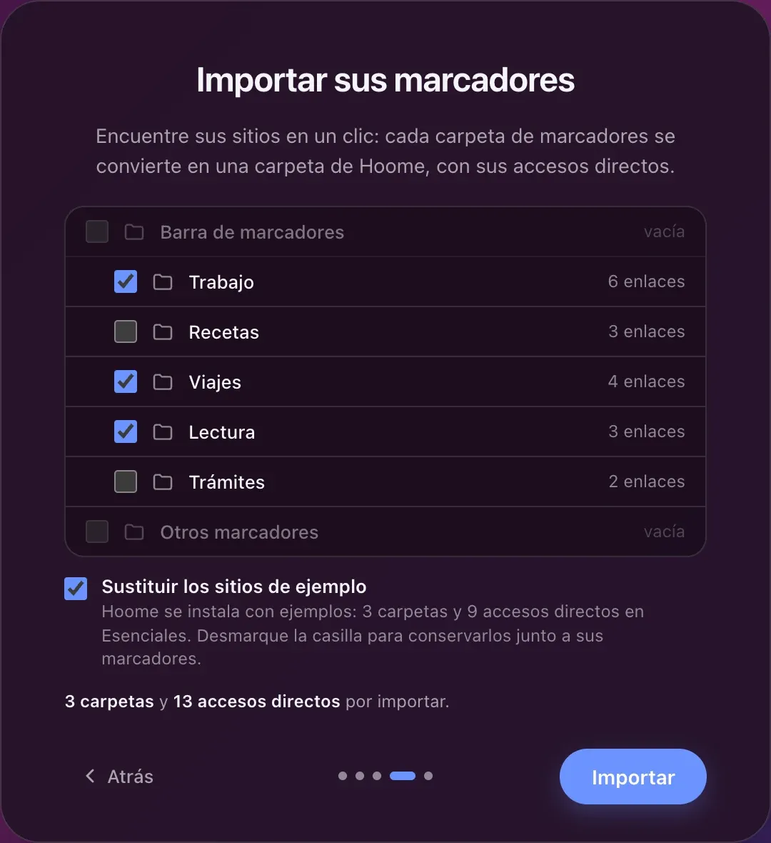 La importación de marcadores en el primer inicio: las carpetas de la barra de marcadores de Chrome, cada una con su número de enlaces, tres marcadas para convertirse en carpetas de Hoome.