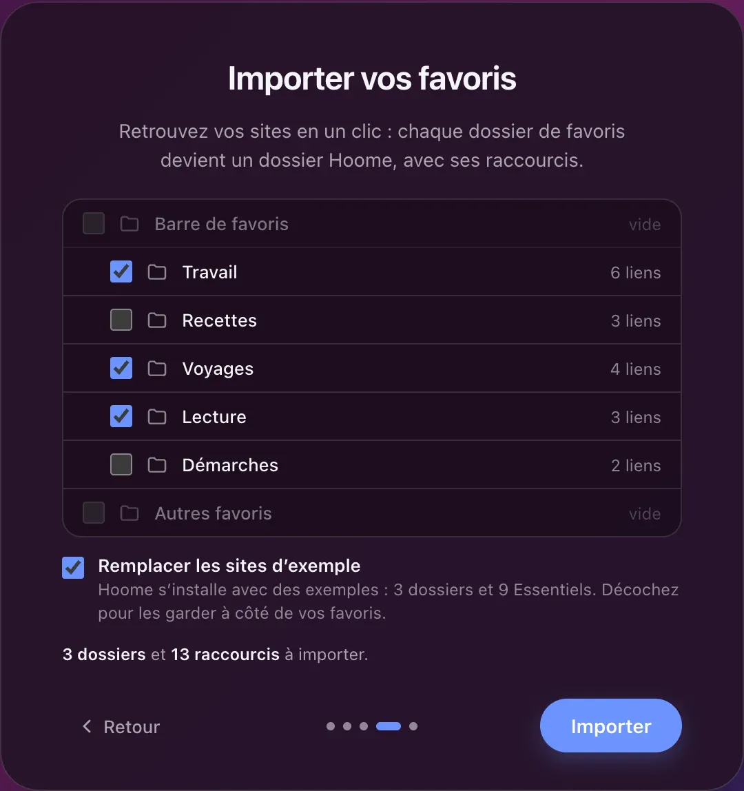 L’import des favoris au premier lancement : les dossiers de la barre de favoris de Chrome, chacun avec son nombre de liens, trois cochés pour devenir des dossiers Hoome.