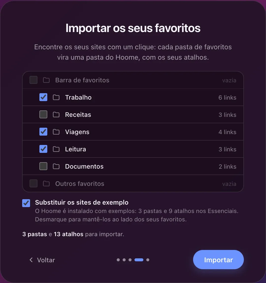 A importação dos favoritos na primeira abertura: as pastas da barra de favoritos do Chrome, cada uma com o número de links, três marcadas para virar pastas do Hoome.