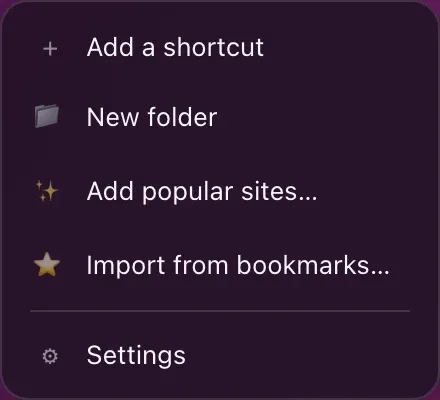 The right-click menu on the page: Add a shortcut, New folder, Add popular sites, Import from bookmarks, then Settings.