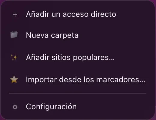 El menú del clic derecho en la página: Añadir un acceso directo, Nueva carpeta, Añadir sitios populares, Importar desde los marcadores y Configuración.