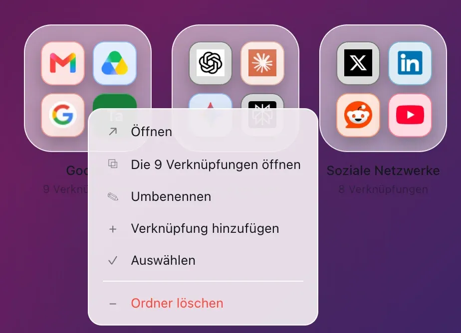 Das Menü eines Ordners in Hoome, per Rechtsklick auf den Ordner Google geöffnet: Öffnen, Die 9 Verknüpfungen öffnen, Umbenennen, Verknüpfung hinzufügen, Auswählen und Ordner löschen.