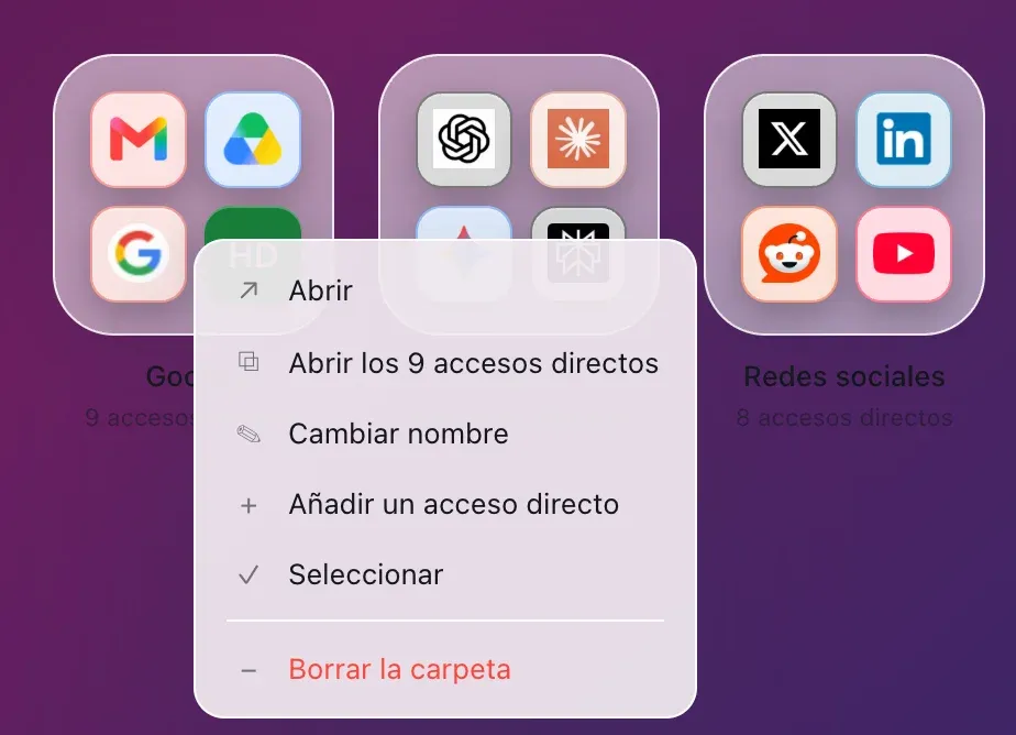 El menú de una carpeta de Hoome, abierto con un clic derecho en la carpeta Google: Abrir, Abrir los 9 accesos directos, Cambiar nombre, Añadir un acceso directo, Seleccionar y Borrar la carpeta.