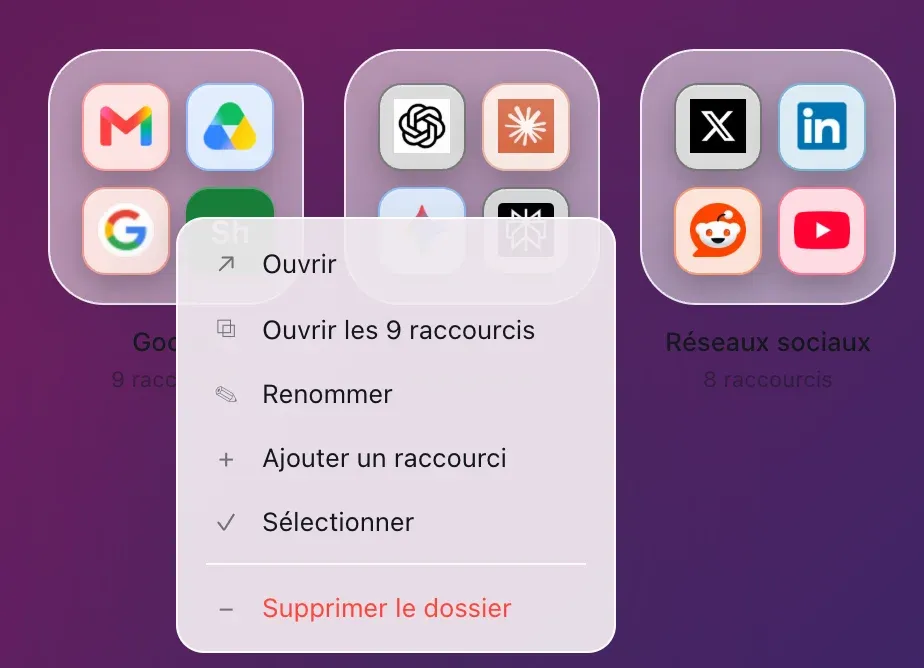 Le menu d’un dossier de Hoome, ouvert d’un clic droit sur le dossier Google : Ouvrir, Ouvrir les 9 raccourcis, Renommer, Ajouter un raccourci, Sélectionner, et Supprimer le dossier.