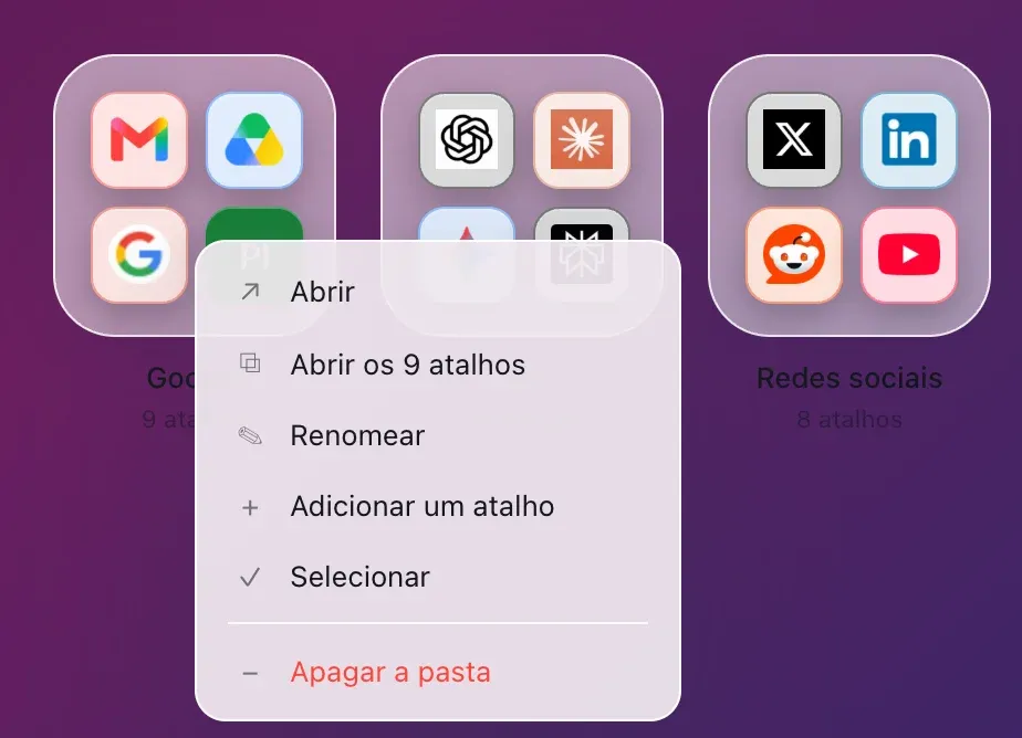 O menu de uma pasta do Hoome, aberto com um clique direito na pasta Google: Abrir, Abrir os 9 atalhos, Renomear, Adicionar um atalho, Selecionar e Apagar a pasta.