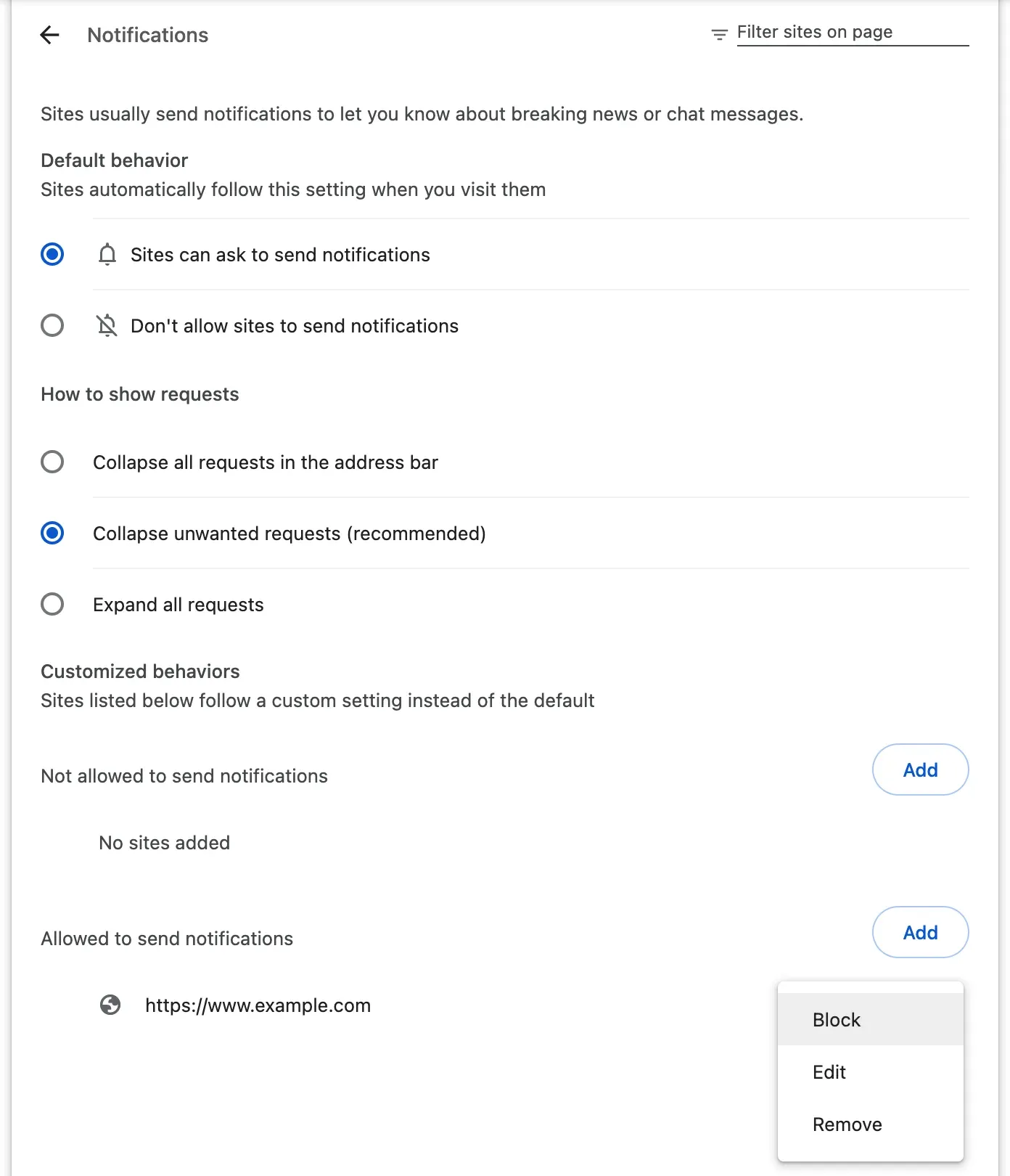 Chrome’s notification settings: the default behaviour, “Sites can ask to send notifications”, how to show requests, then the lists of sites: under “Allowed to send notifications”, the example site https://www.example.com has its menu open on Block, Edit and Remove.