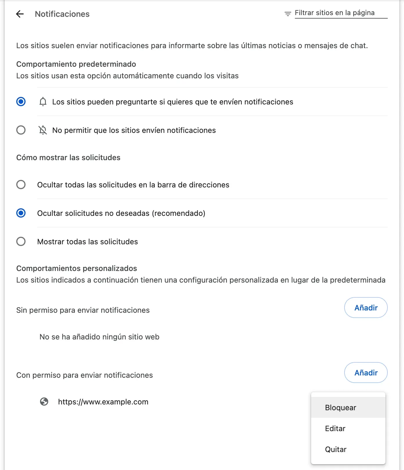 La configuración de notificaciones de Chrome: el comportamiento predeterminado, «Los sitios pueden preguntarte si quieres que te envíen notificaciones», la forma de mostrar las solicitudes y después las listas de sitios: en «Con permiso para enviar notificaciones», el sitio de ejemplo www.example.com tiene su menú abierto en Bloquear, Editar y Quitar.