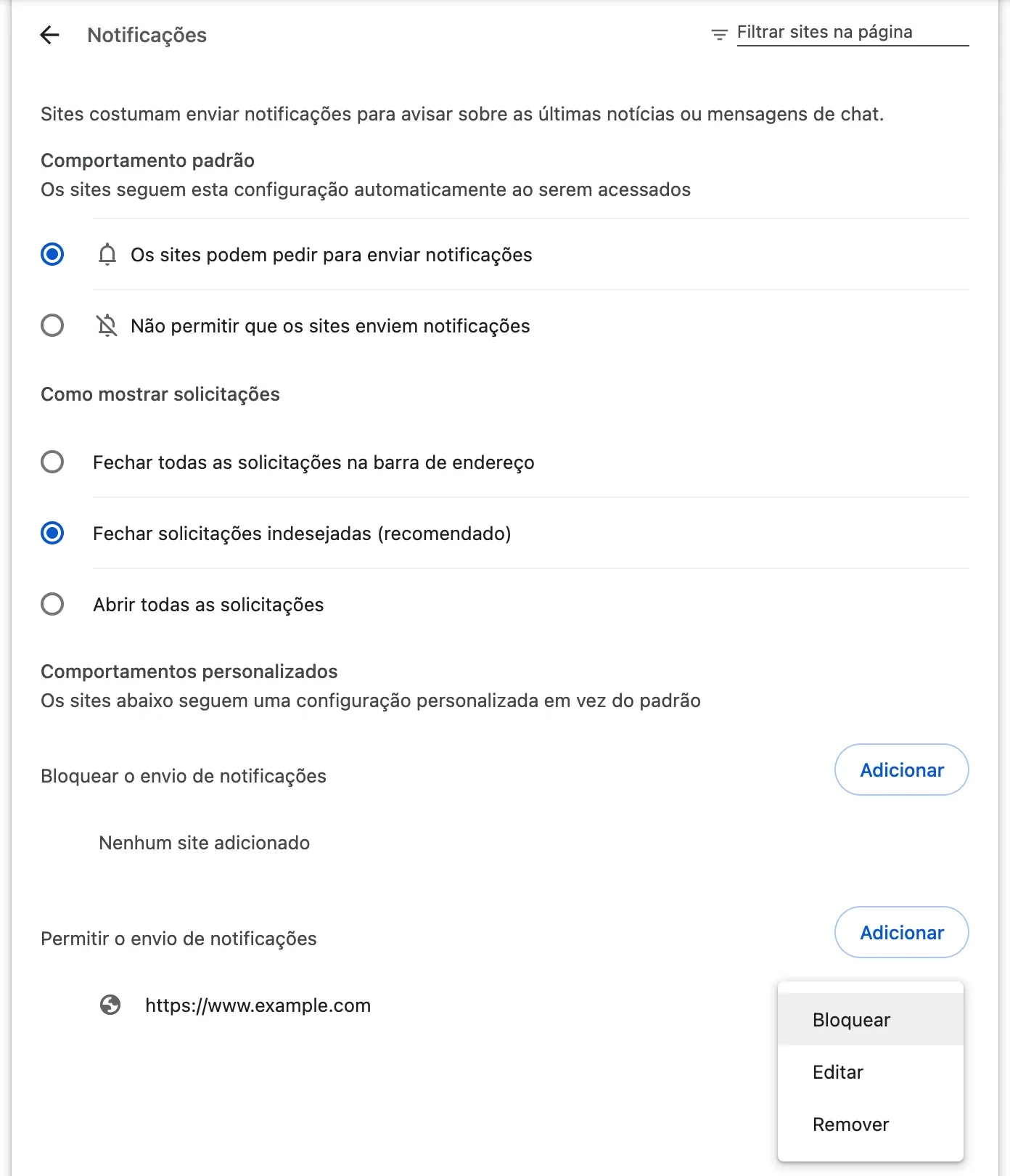 As configurações de notificações do Chrome: o comportamento padrão, “Os sites podem pedir para enviar notificações”, a forma de mostrar as solicitações e depois as listas de sites: em “Permitir o envio de notificações”, o site de exemplo www.example.com está com o menu aberto em Bloquear, Editar e Remover.