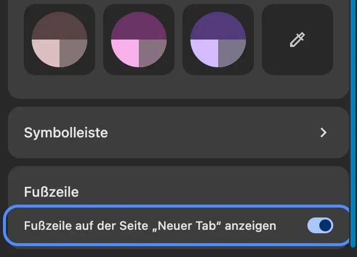 Der untere Teil des Fensters Chrome personalisieren: der Abschnitt Fußzeile und sein Schalter Fußzeile auf der Seite „Neuer Tab“ anzeigen, eingekreist.