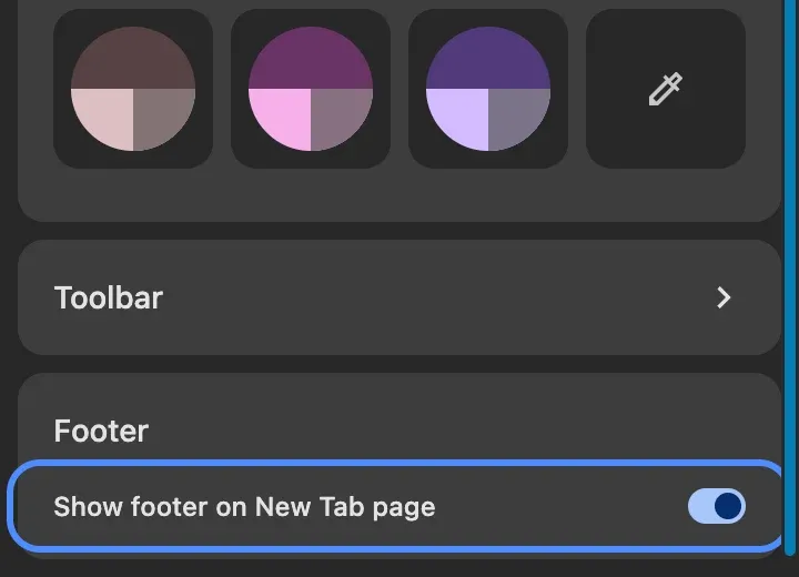The bottom of the Customize Chrome panel: the Footer section and its Show footer on New Tab page switch, circled.