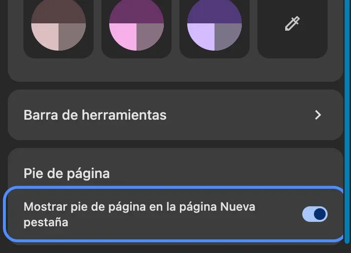 La parte inferior del panel Personalizar Chrome: la sección Pie de página y su interruptor Mostrar pie de página en la página Nueva pestaña, rodeado.
