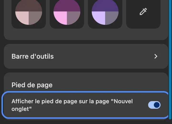 Le bas du panneau Personnaliser Chrome : la section Pied de page et son interrupteur Afficher le pied de page sur la page “Nouvel onglet”, entouré.